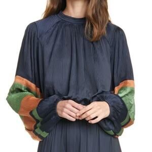 ULLA JOHNSON Rosa Pleated Satin Blouse Midnight Navy Long Sleeve Women's 6